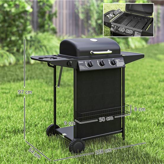 Barbecue à gaz avec 4 brûleurs indépendants et couvercle avec thermomètre, 108 x 54 x 97 cm, noir - Image 5
