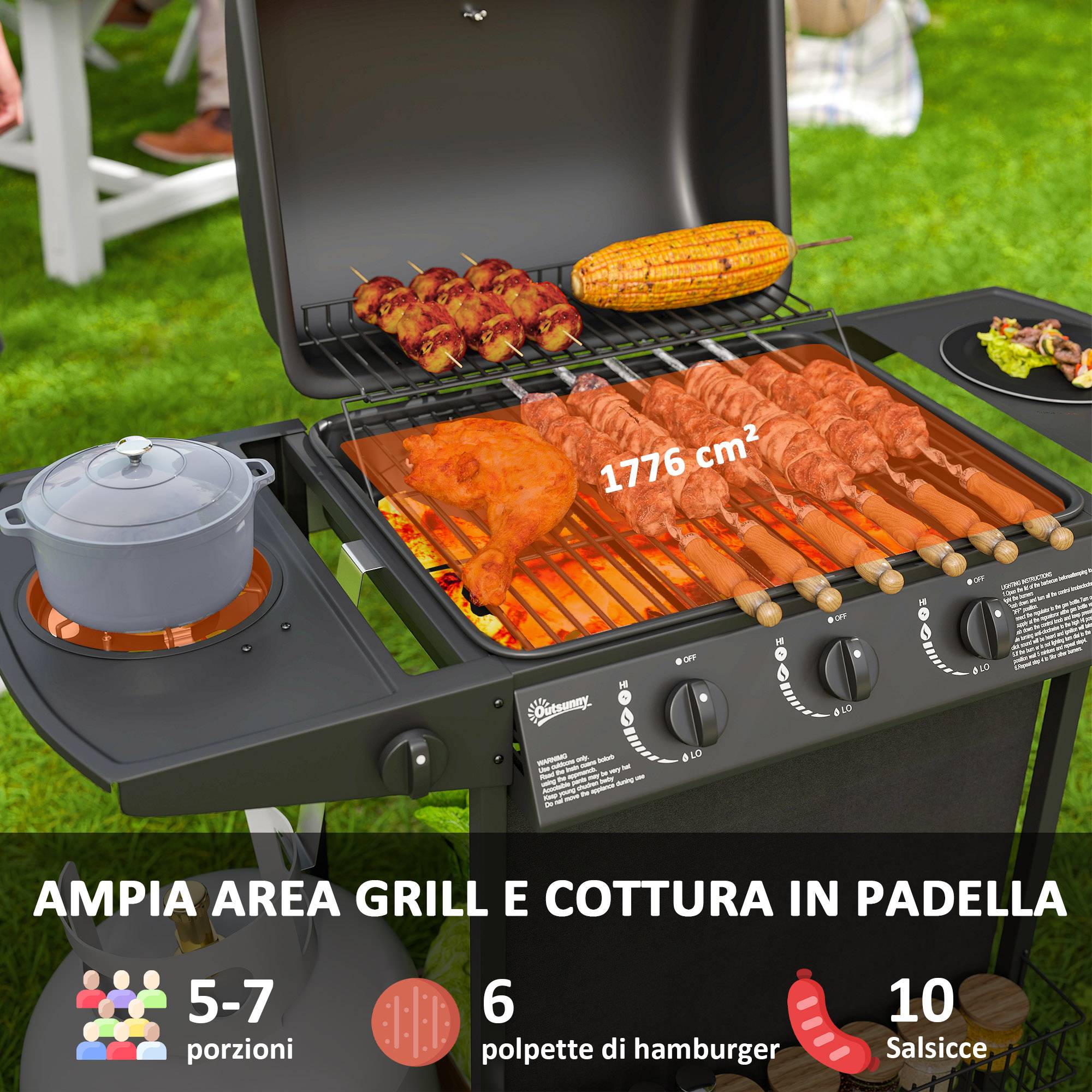 Barbecue à gaz avec 4 brûleurs indépendants et couvercle avec thermomètre, 108 x 54 x 97 cm, noir - Image 6