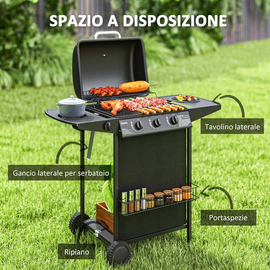 Barbecue à gaz avec 4 brûleurs indépendants et couvercle avec thermomètre, 108 x 54 x 97 cm, noir - Image 8