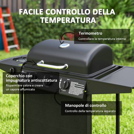 Barbecue à gaz avec 4 brûleurs indépendants et couvercle avec thermomètre, 108 x 54 x 97 cm, noir - Image 7