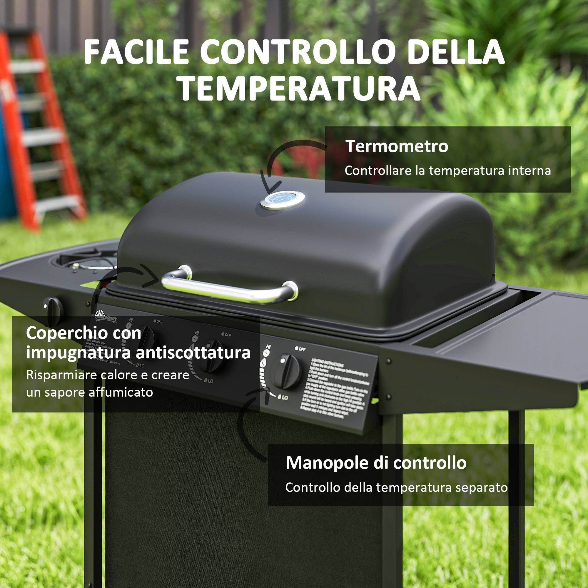 Barbecue à gaz avec 4 brûleurs indépendants et couvercle avec thermomètre, 108 x 54 x 97 cm, noir - Image 7
