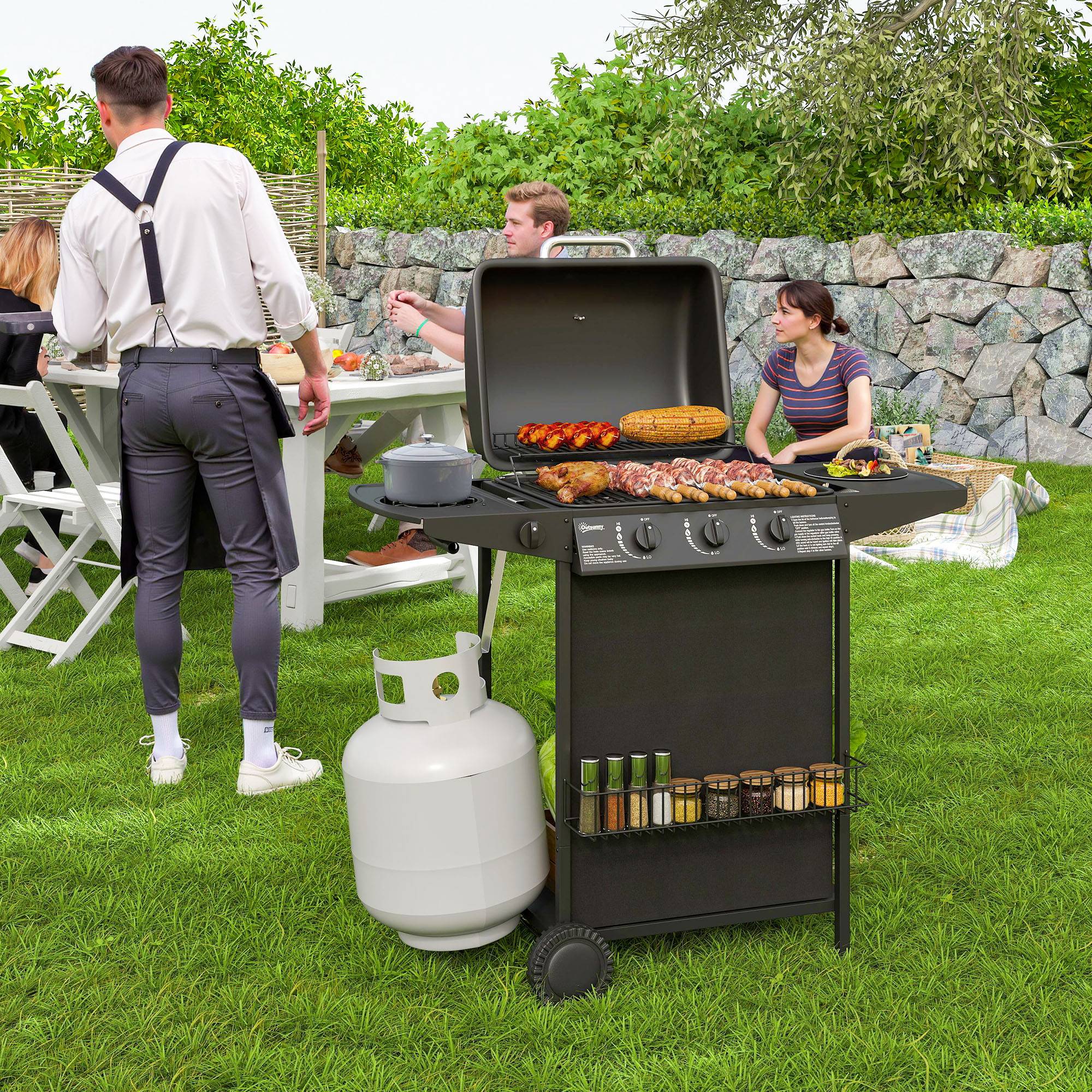 Barbecue à gaz avec 4 brûleurs indépendants et couvercle avec thermomètre, 108 x 54 x 97 cm, noir - Image 4