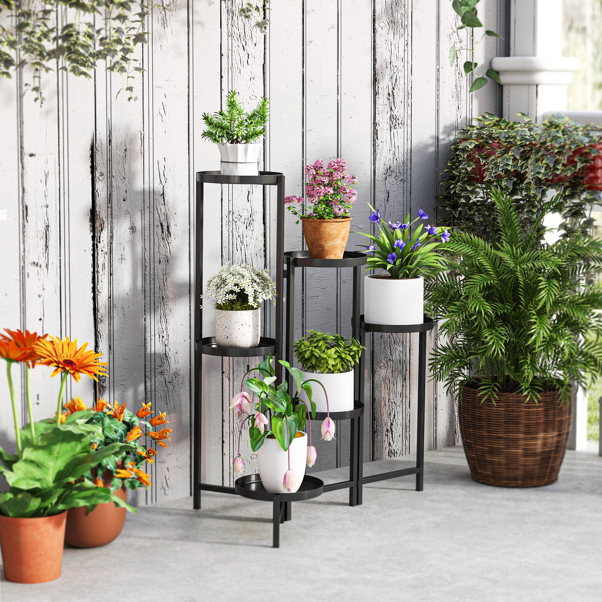 Porte-plantes en métal à 6 niveaux intérieur et extérieur pliant noir 60x40x80cm - ComfortXL Outdoor Living - Image 10