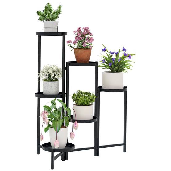 Porte-plantes en métal à 6 niveaux intérieur et extérieur pliant noir 60x40x80cm - ComfortXL Outdoor Living - Image 1