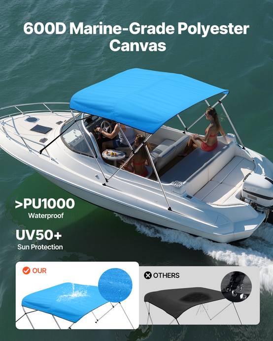 VEVOR Bimini bateau taud de soleil 3 arceaux 200-213 cm polyester Bleu Pacifique - Image 2
