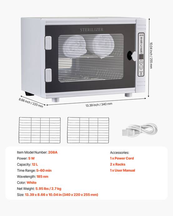VEVOR Stérilisateur UV grande capacité 12L. Minuterie, longueur d'onde 185nm. Pour labo, maison, salon de beauté. - Image 7