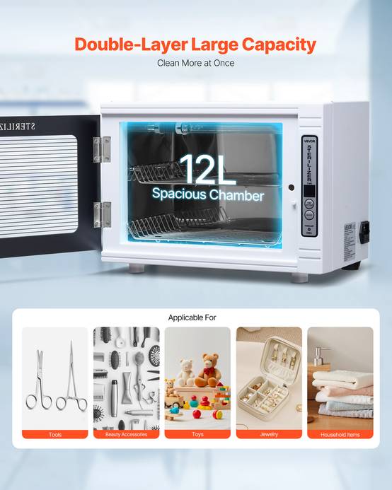 VEVOR Stérilisateur UV grande capacité 12L. Minuterie, longueur d'onde 185nm. Pour labo, maison, salon de beauté. - Image 3