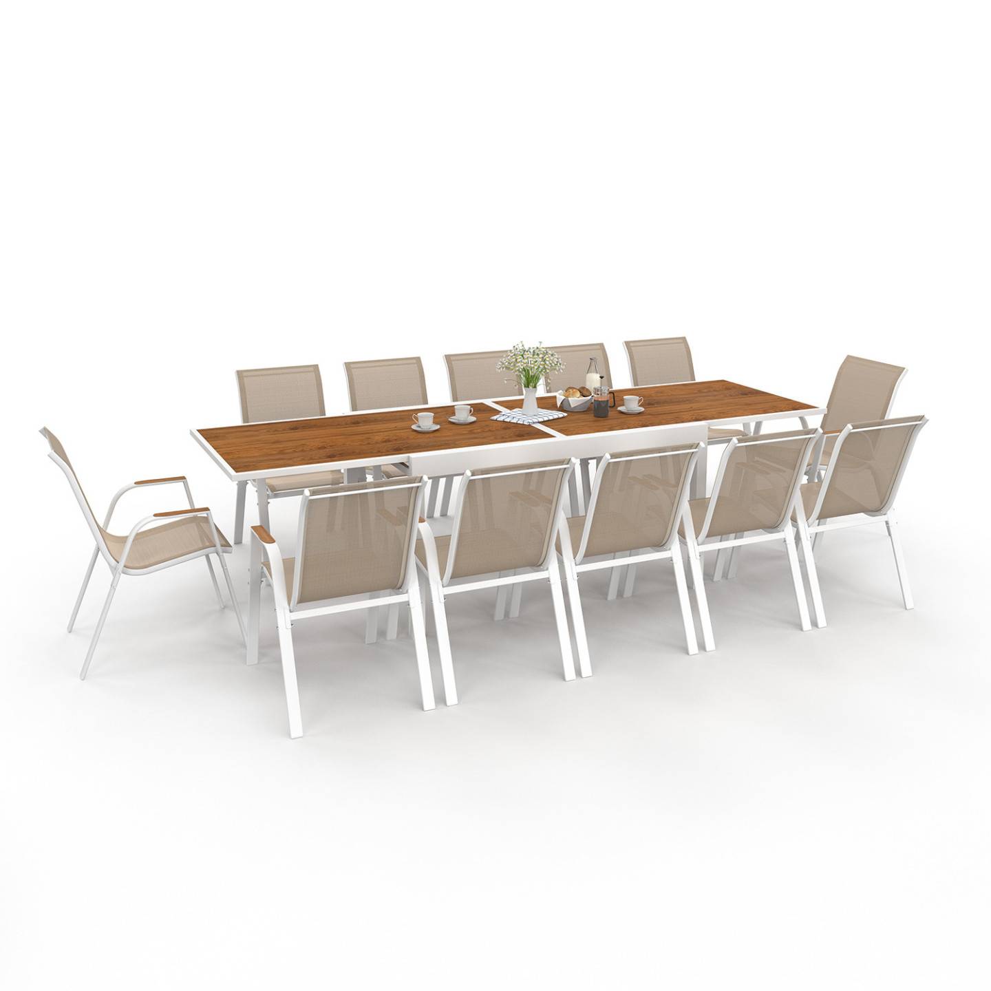 Salon de jardin NOUMEA table extensible 135/270 CM plateau verre trempé effet bois et 12 chaises empilables blanc et bois - Image 2