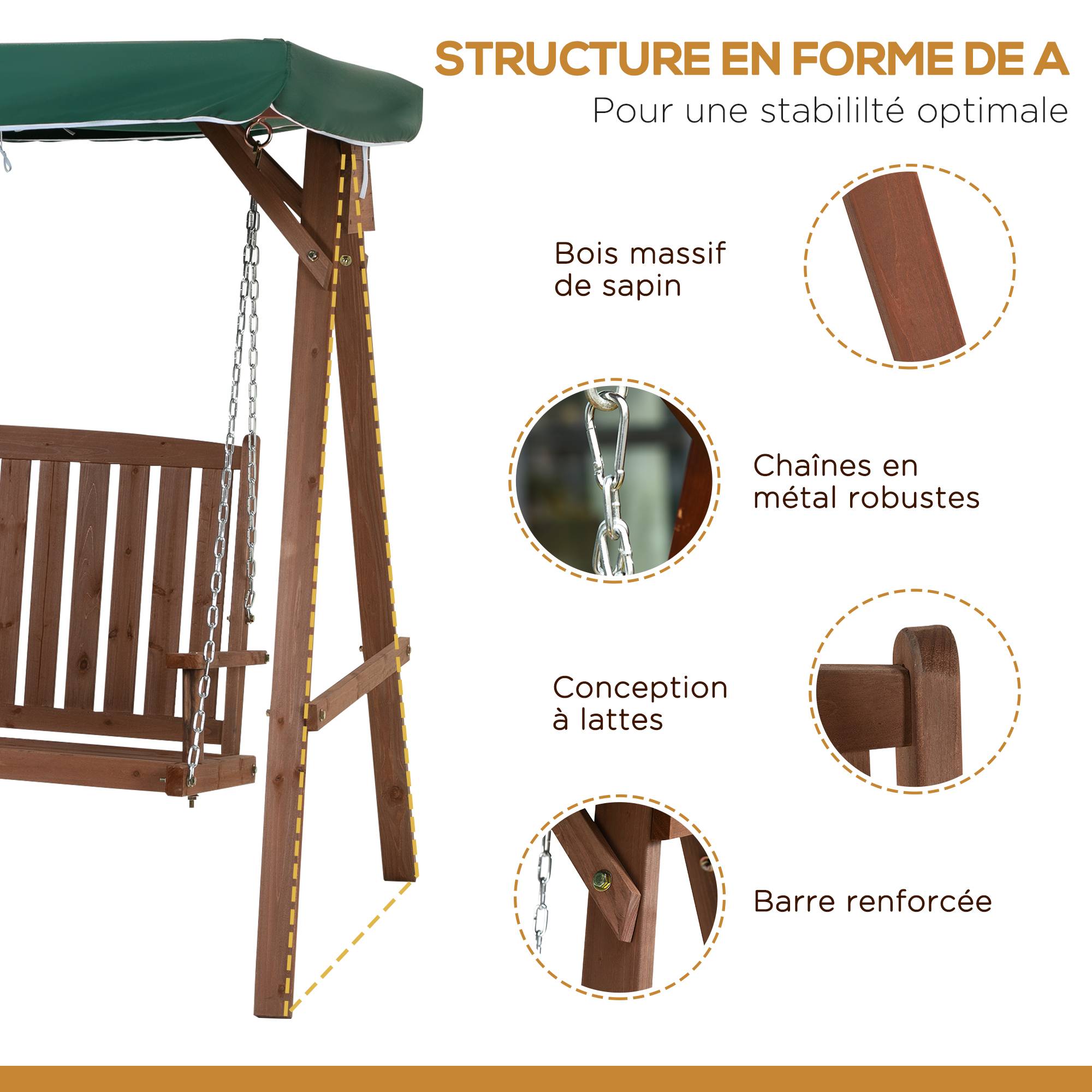 Outsunny - Balancelle de jardin 2 places dim. 1,6L x 1,2l x 1,65H m charge max. reco. 227 Kg toit pare-soleil intégré bois de sapin polyester vert - Outsunny - Image 4