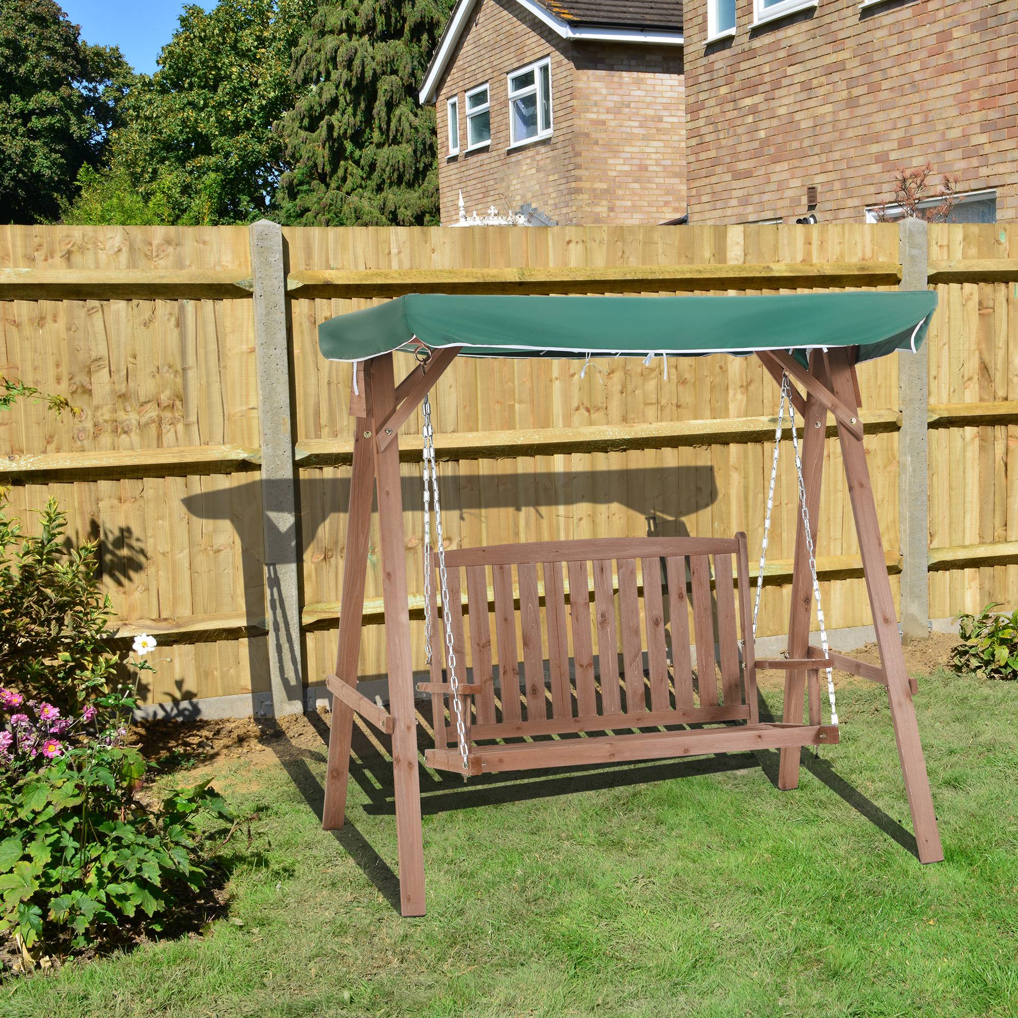 Outsunny - Balancelle de jardin 2 places dim. 1,6L x 1,2l x 1,65H m charge max. reco. 227 Kg toit pare-soleil intégré bois de sapin polyester vert - Outsunny - Image 2