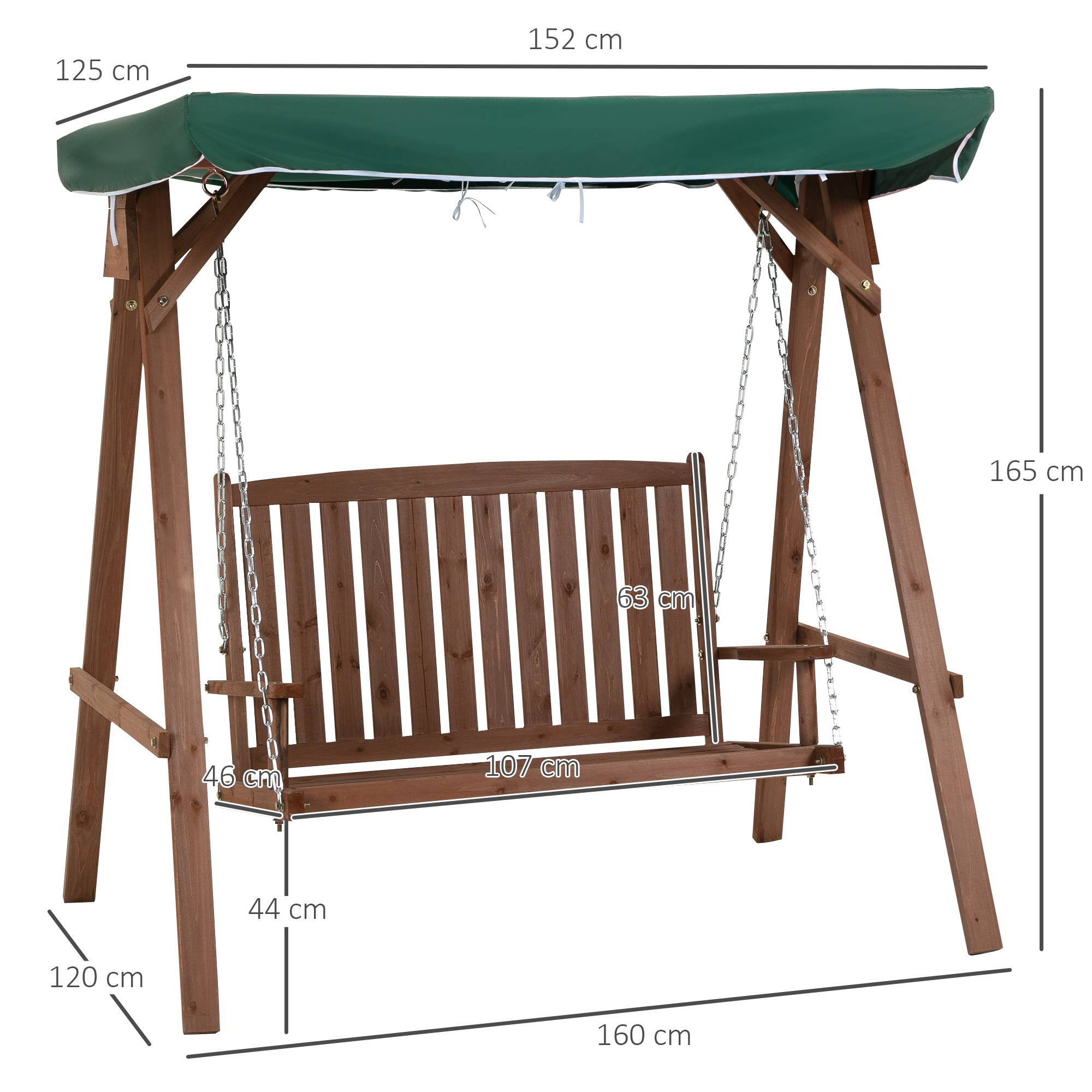 Outsunny - Balancelle de jardin 2 places dim. 1,6L x 1,2l x 1,65H m charge max. reco. 227 Kg toit pare-soleil intégré bois de sapin polyester vert - Outsunny - Image 5