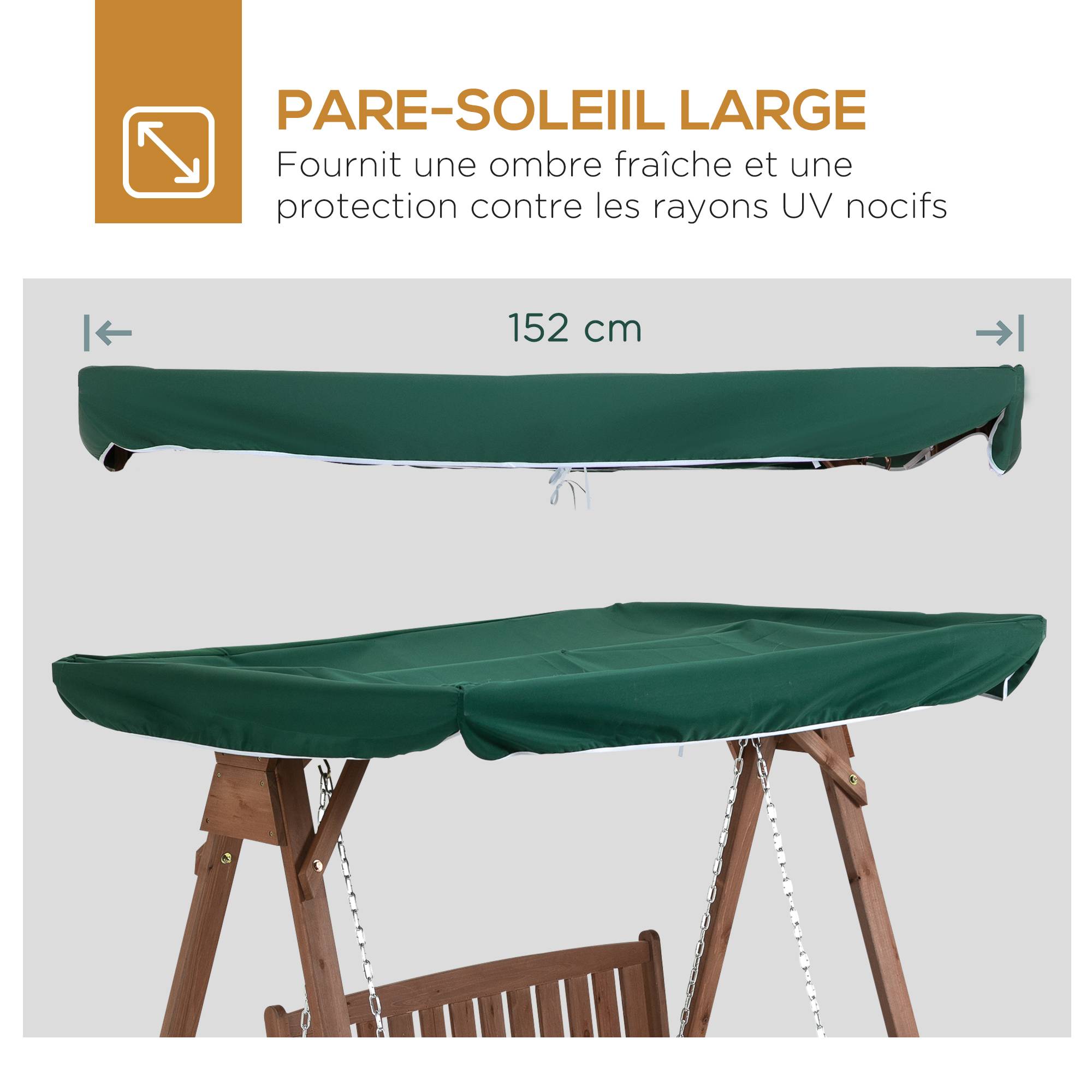 Outsunny - Balancelle de jardin 2 places dim. 1,6L x 1,2l x 1,65H m charge max. reco. 227 Kg toit pare-soleil intégré bois de sapin polyester vert - Outsunny - Image 3