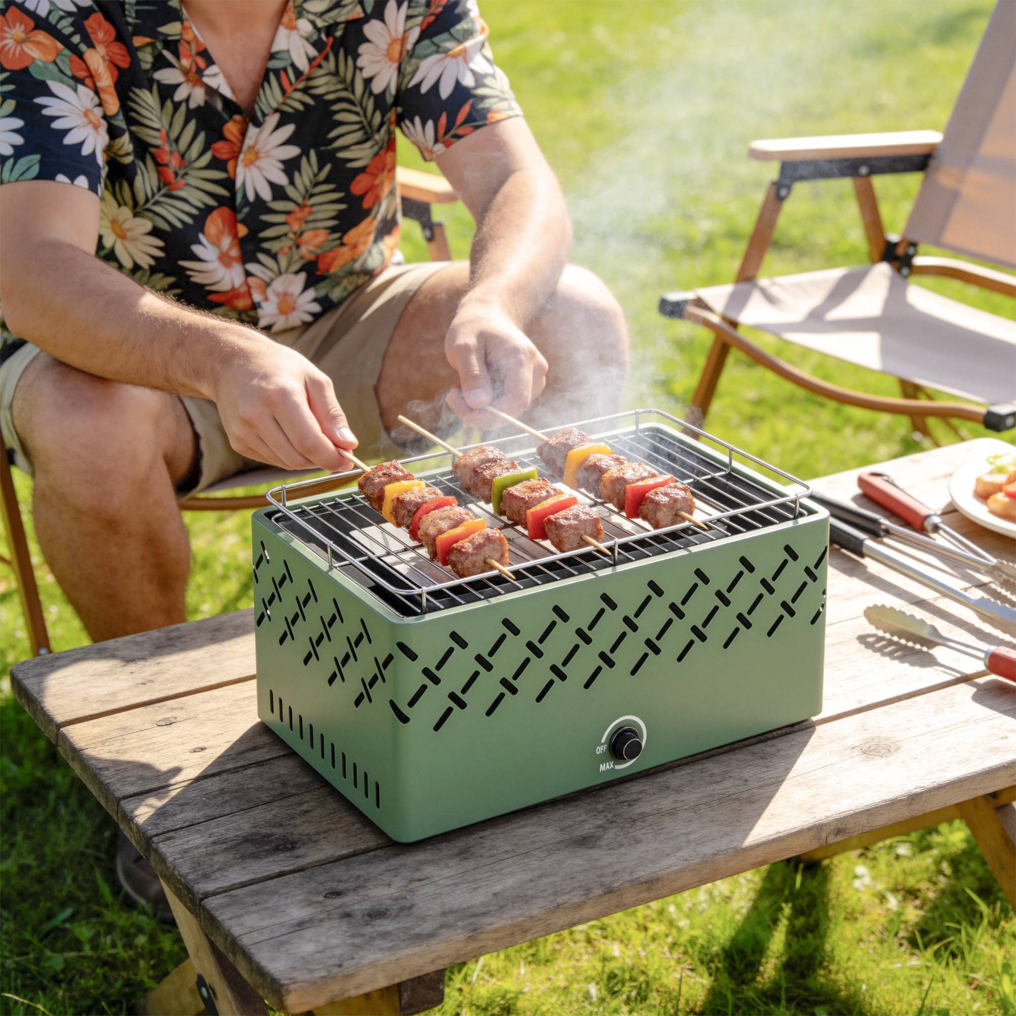 Sans Marque - Barbecue au charbon de bois 45,5 x 29 x 21 cm avec ventilateur intégré, température réglable et bac à charbon, vert clair - Image 3