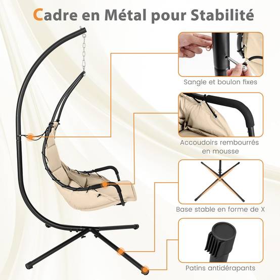 COSTWAY Fauteuil Suspendu avec Support en Acier, Balançoire Suspendue avec Siège Rembourré Extra Large, Chaise Hamac Charge 120 KG (Beige) - Image 7