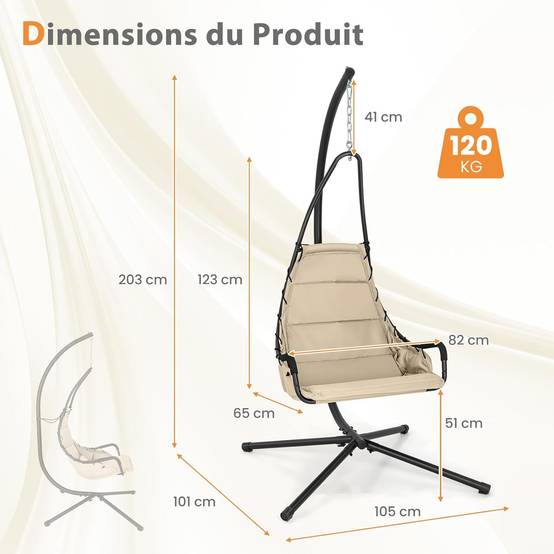COSTWAY Fauteuil Suspendu avec Support en Acier, Balançoire Suspendue avec Siège Rembourré Extra Large, Chaise Hamac Charge 120 KG (Beige) - Image 8