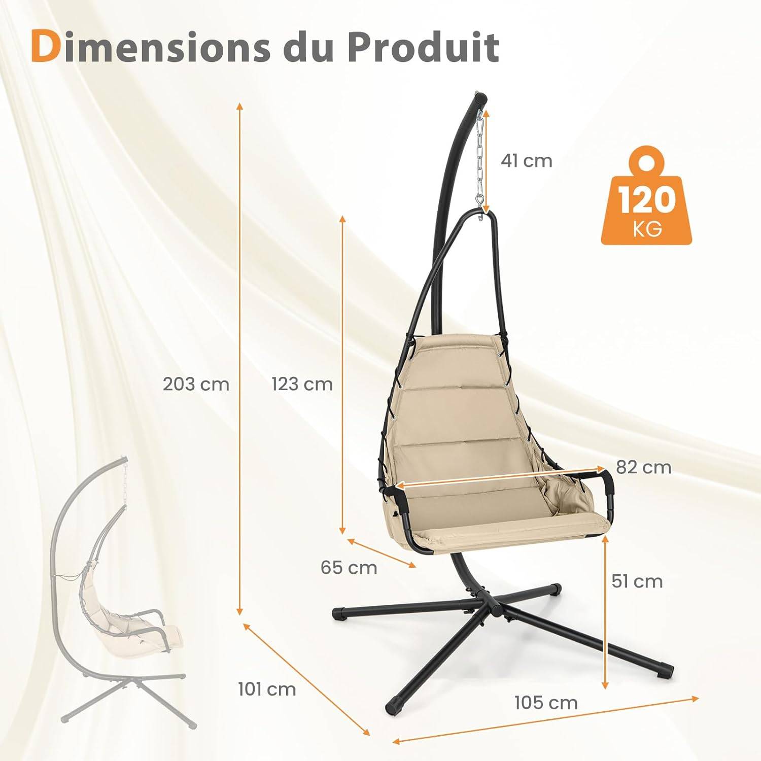 COSTWAY Fauteuil Suspendu avec Support en Acier, Balançoire Suspendue avec Siège Rembourré Extra Large, Chaise Hamac Charge 120 KG (Beige) - Image 8