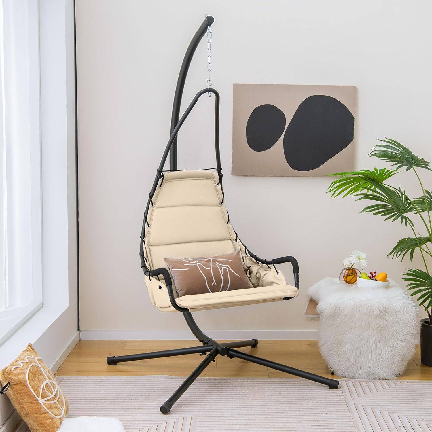 COSTWAY Fauteuil Suspendu avec Support en Acier, Balançoire Suspendue avec Siège Rembourré Extra Large, Chaise Hamac Charge 120 KG (Beige) - Image 1