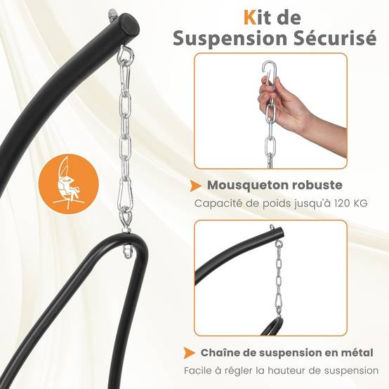 COSTWAY Fauteuil Suspendu avec Support en Acier, Balançoire Suspendue avec Siège Rembourré Extra Large, Chaise Hamac Charge 120 KG (Beige) - Image 5