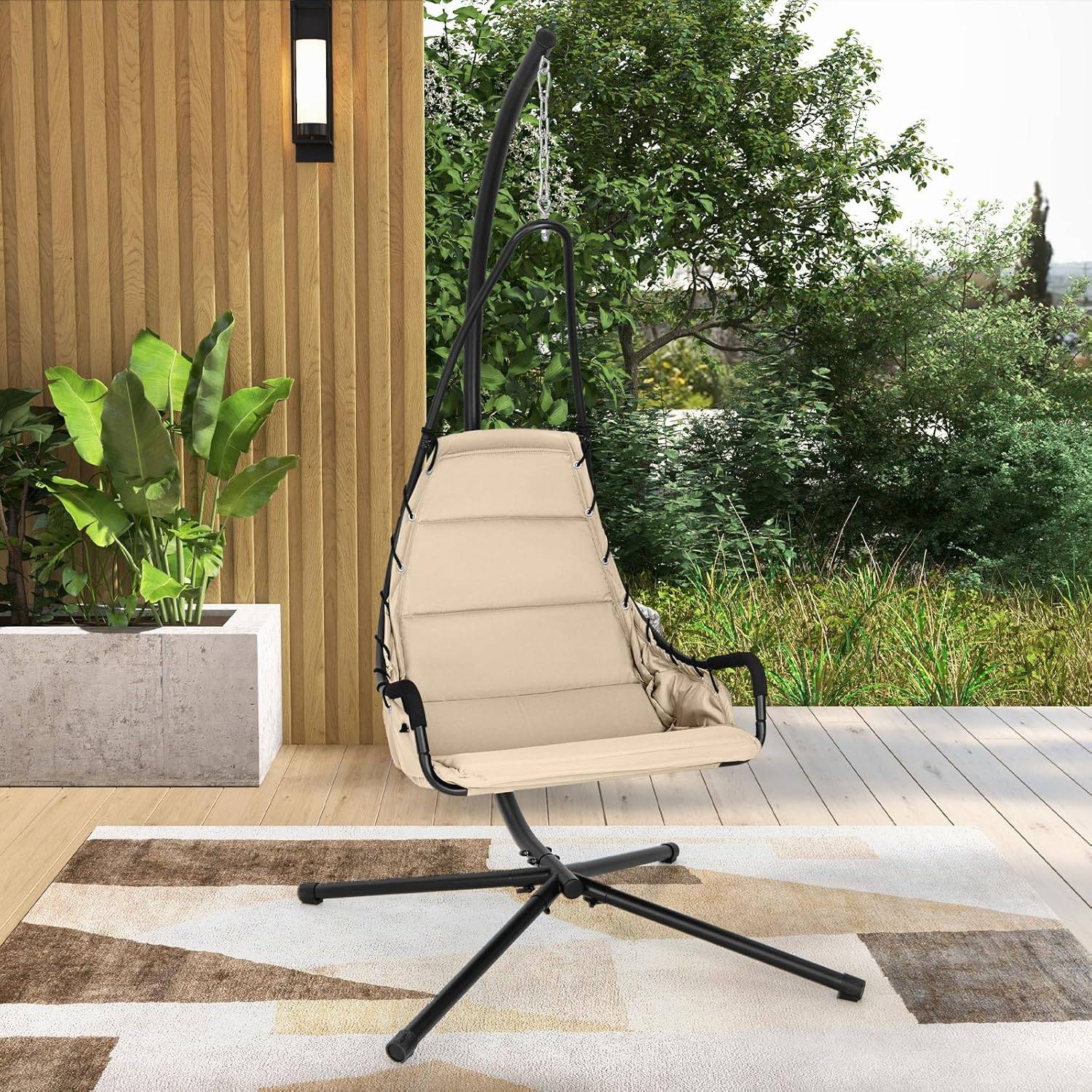 COSTWAY Fauteuil Suspendu avec Support en Acier, Balançoire Suspendue avec Siège Rembourré Extra Large, Chaise Hamac Charge 120 KG (Beige) - Image 2