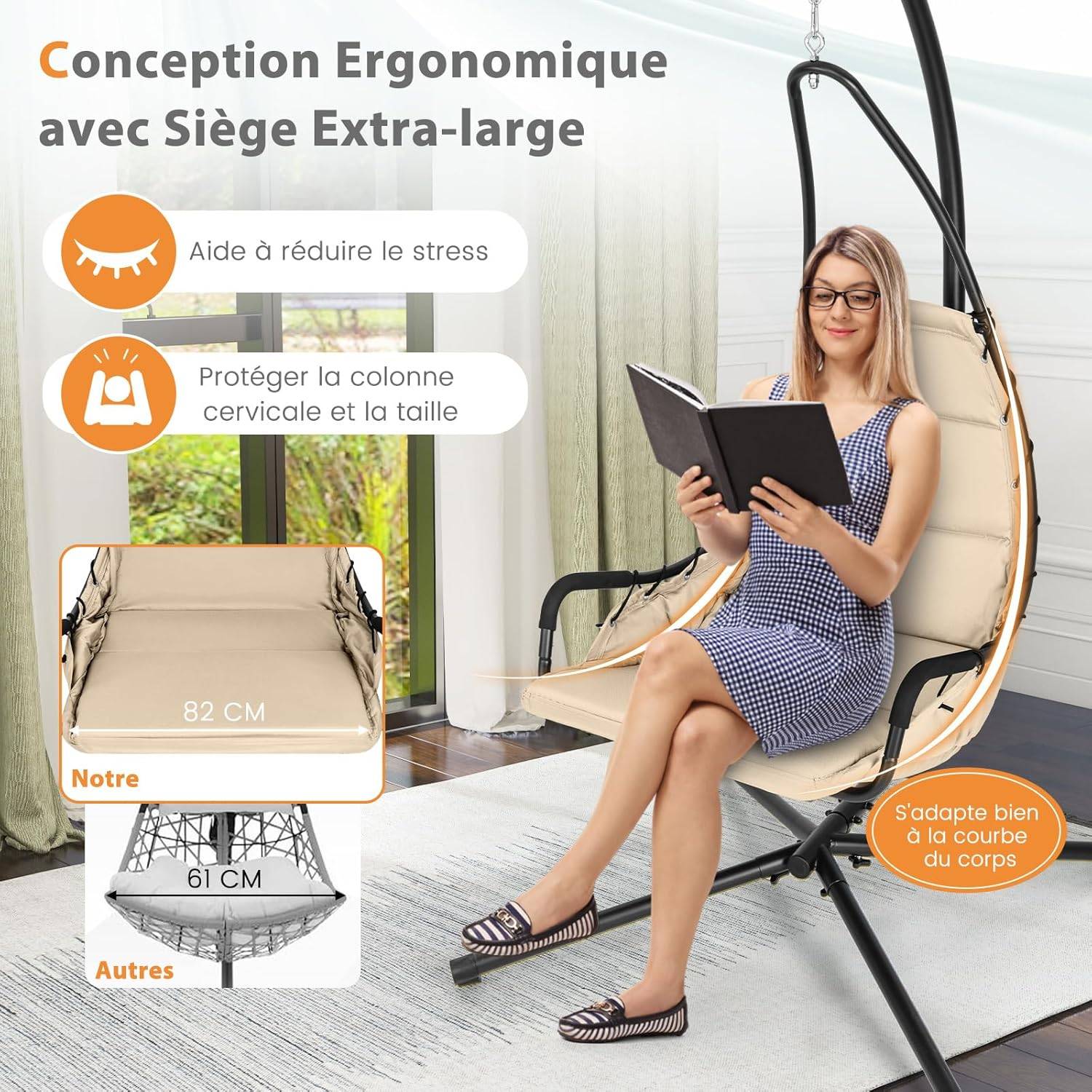 COSTWAY Fauteuil Suspendu avec Support en Acier, Balançoire Suspendue avec Siège Rembourré Extra Large, Chaise Hamac Charge 120 KG (Beige) - Image 6