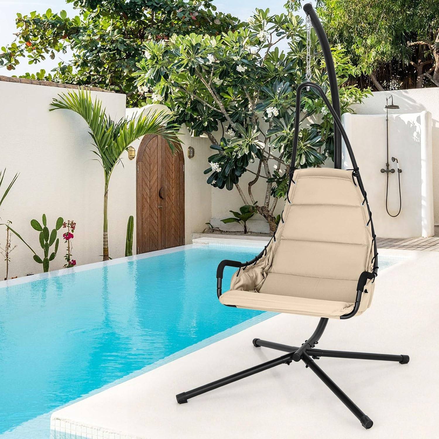 COSTWAY Fauteuil Suspendu avec Support en Acier, Balançoire Suspendue avec Siège Rembourré Extra Large, Chaise Hamac Charge 120 KG (Beige) - Image 3