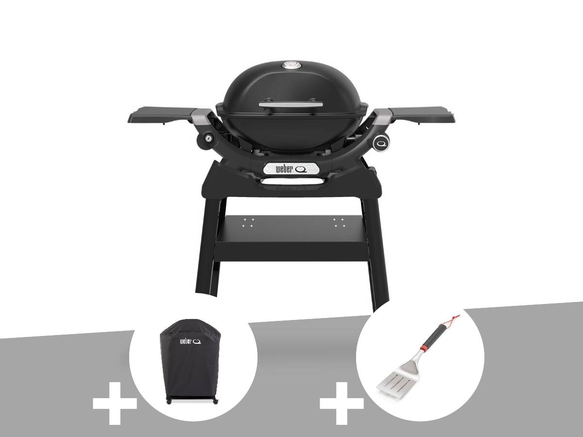 Weber - Barbecue à gaz Q 1200N noir avec pied + Housse + Spatule - Weber