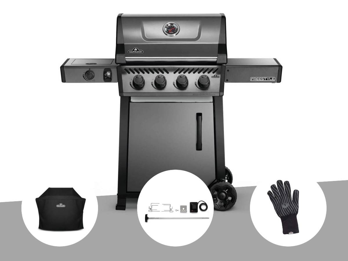 Napoleon - Barbecue à gaz Freestyle F425SIB - 4 brûleurs + Sizzle Zone + Housse de protection + Kit rôitissoire + Gant anti-chaleur - Napoleon
