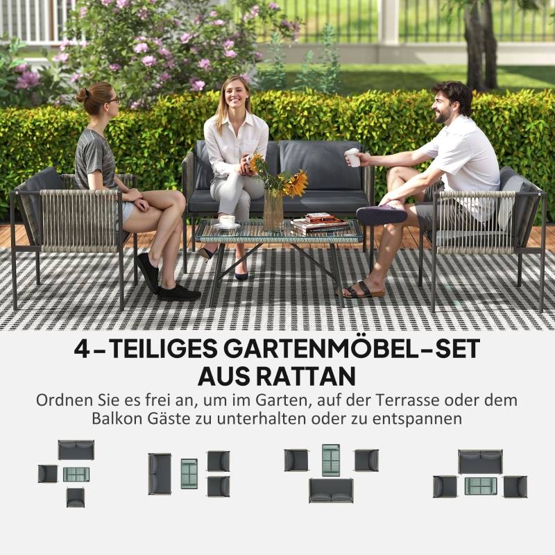 ComfortXL - Salon de jardin 4 places résine tressée acier terrasse balcon coussins déhoussables gris - ComfortXL Outdoor Living - Image 4