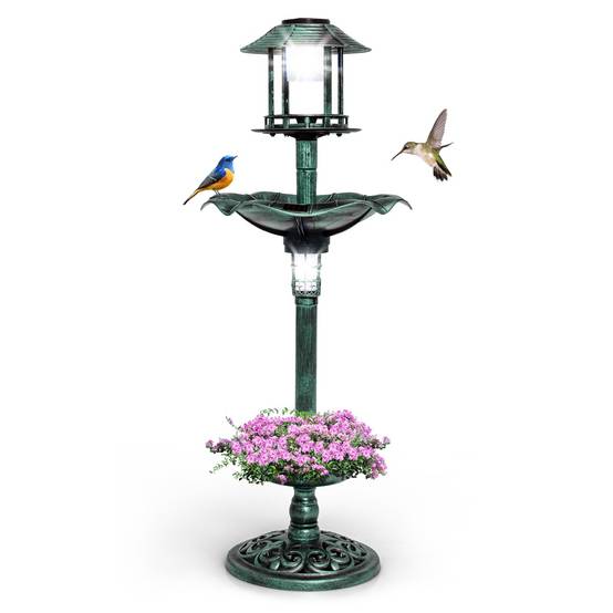 Bain d'Oiseaux Énergie Solaire Décoration d'Extérieur sur Pied Rétro Éclairé avec 2 Lampes Mangeoire Abreuvoir - Image 1
