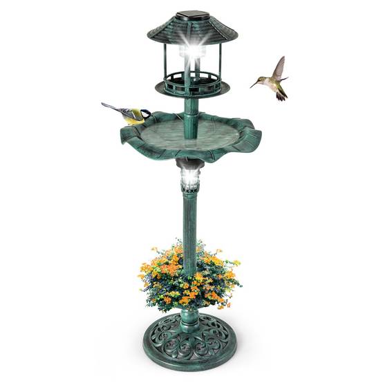 Bain d'Oiseaux Énergie Solaire Décoration d'Extérieur sur Pied Rétro Éclairé avec 2 Lampes Mangeoire Abreuvoir - Image 5