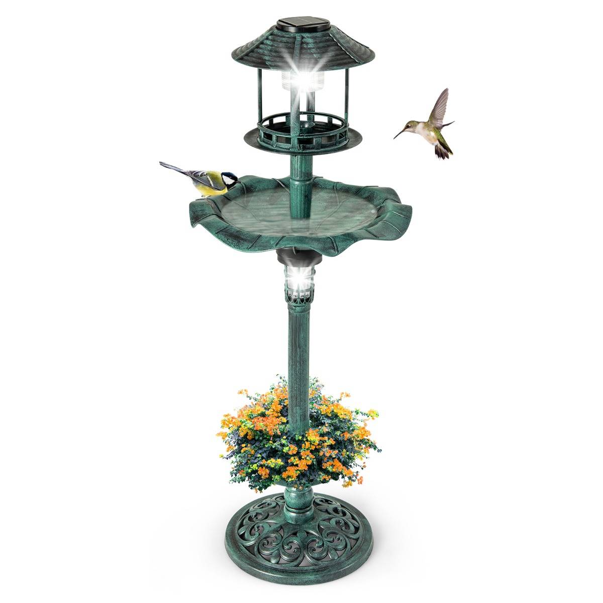 Bain d'Oiseaux Énergie Solaire Décoration d'Extérieur sur Pied Rétro Éclairé avec 2 Lampes Mangeoire Abreuvoir - Image 5