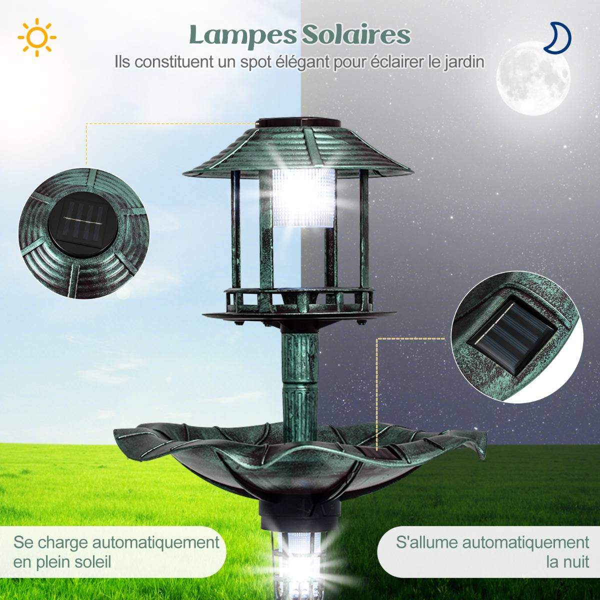 Bain d'Oiseaux Énergie Solaire Décoration d'Extérieur sur Pied Rétro Éclairé avec 2 Lampes Mangeoire Abreuvoir - Image 7