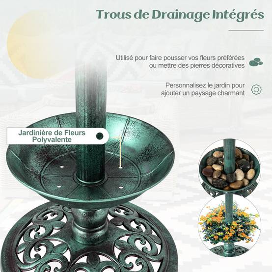 Bain d'Oiseaux Énergie Solaire Décoration d'Extérieur sur Pied Rétro Éclairé avec 2 Lampes Mangeoire Abreuvoir - Image 9