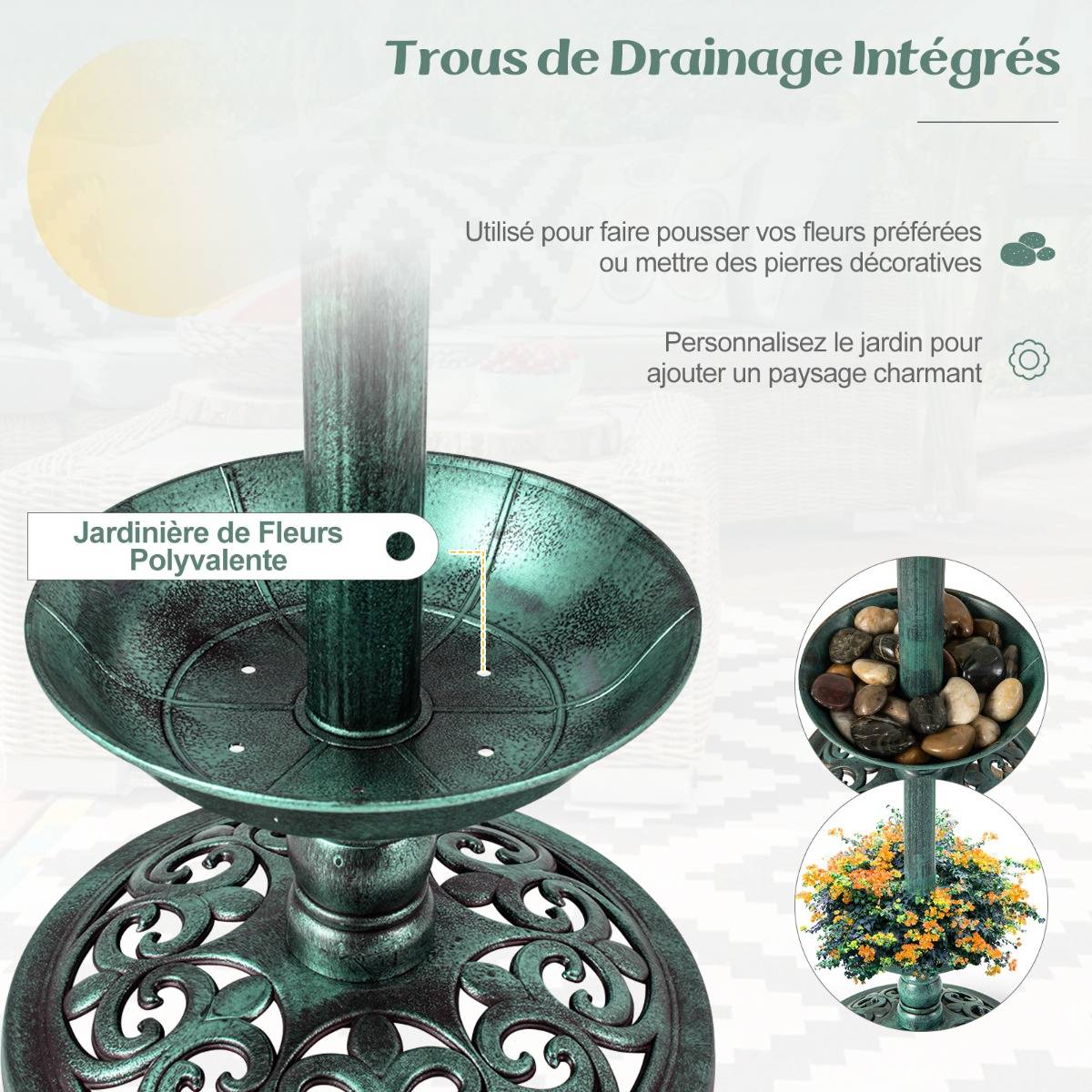 Bain d'Oiseaux Énergie Solaire Décoration d'Extérieur sur Pied Rétro Éclairé avec 2 Lampes Mangeoire Abreuvoir - Image 9