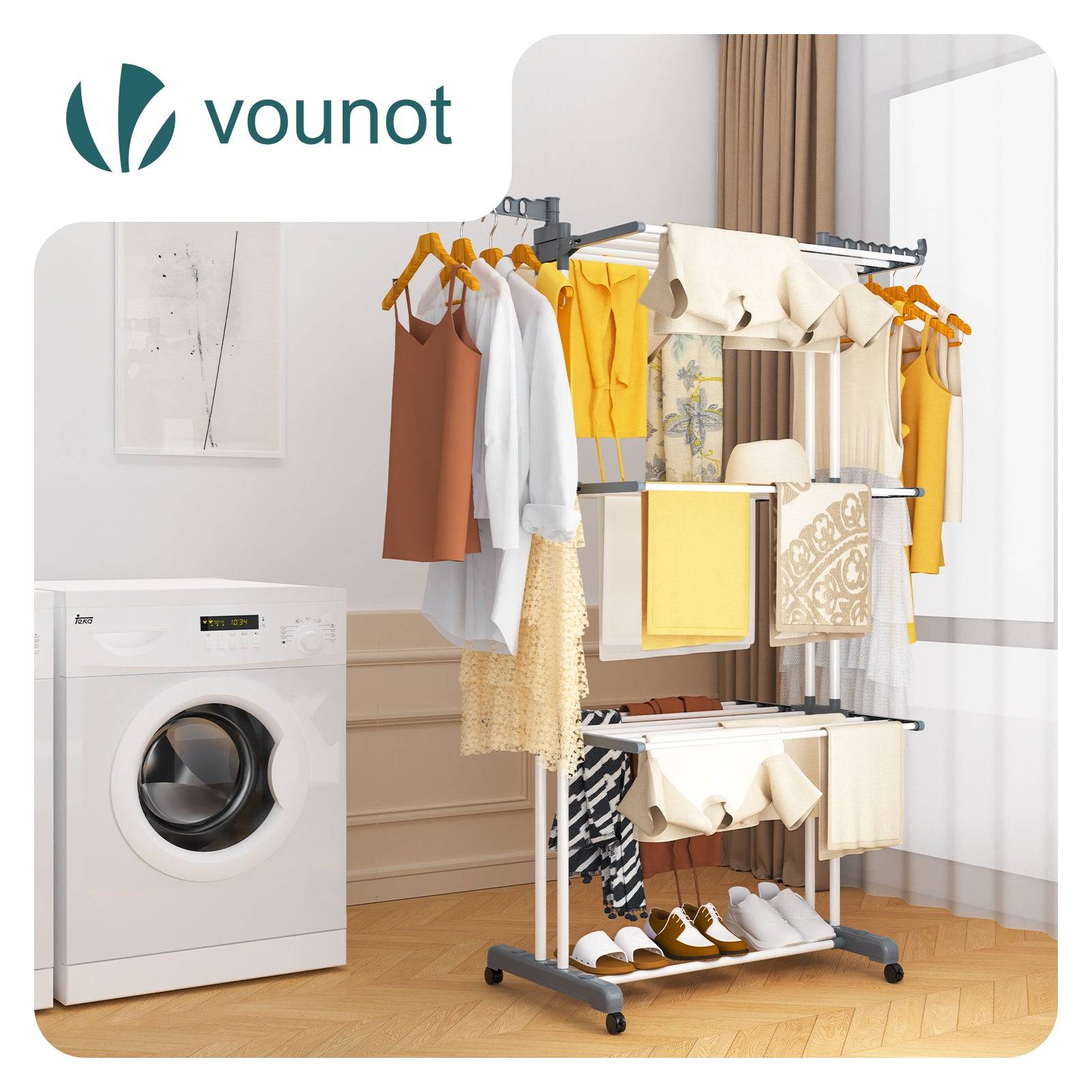 Vounot - Étendoir à linge pliable 126x63x170cm, Séchoir 4 niveaux grande capacité avec roulettes, Gris blanc, VOUNOT® - Image 2