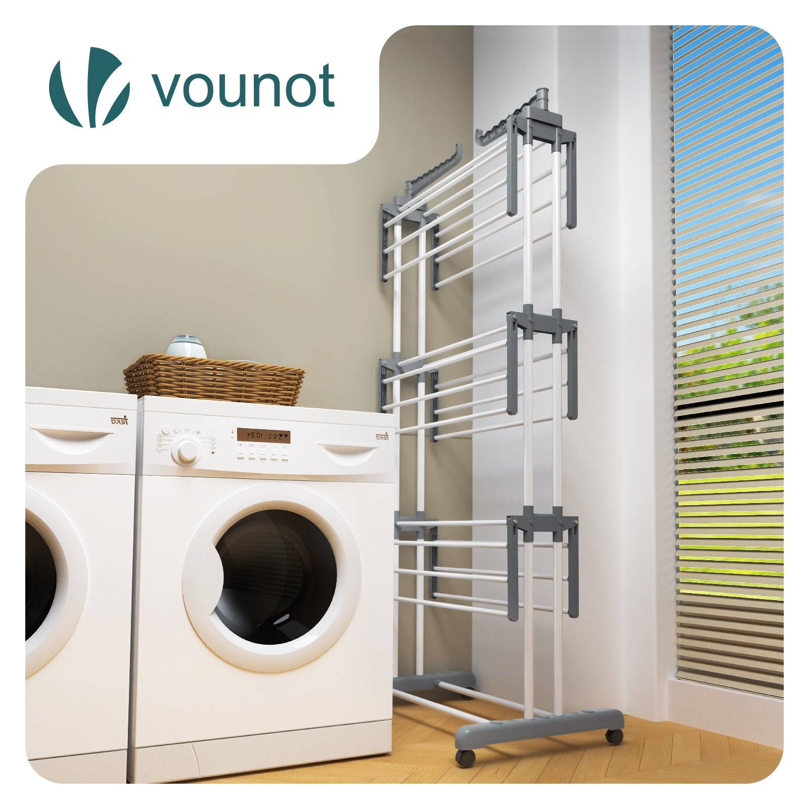 Vounot - Étendoir à linge pliable 126x63x170cm, Séchoir 4 niveaux grande capacité avec roulettes, Gris blanc, VOUNOT® - Image 6