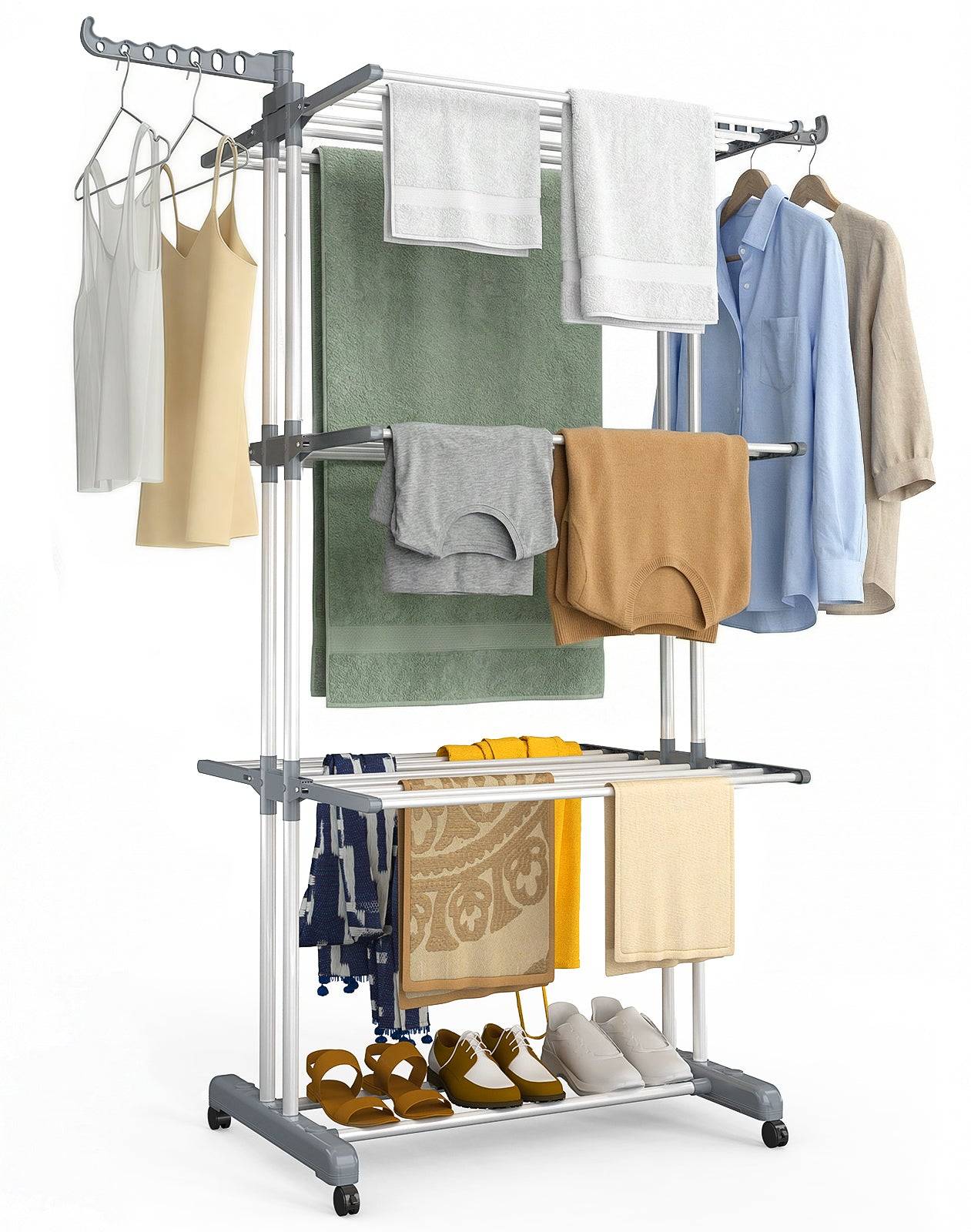Vounot - Étendoir à linge pliable 126x63x170cm, Séchoir 4 niveaux grande capacité avec roulettes, Gris blanc, VOUNOT® - Image 1
