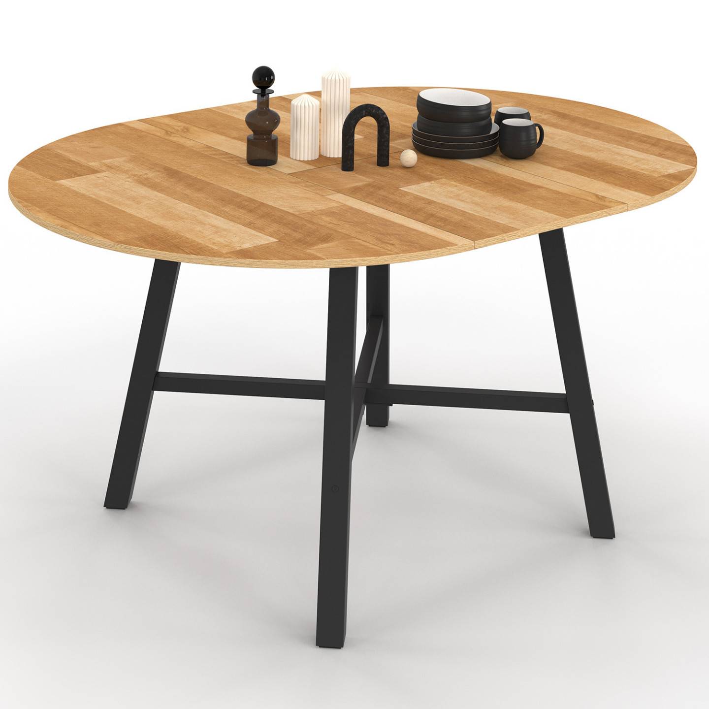 Table à manger extensible ronde MADELEINE 4-6 personnes bois et métal noir 110 - 150 cm - Image 2
