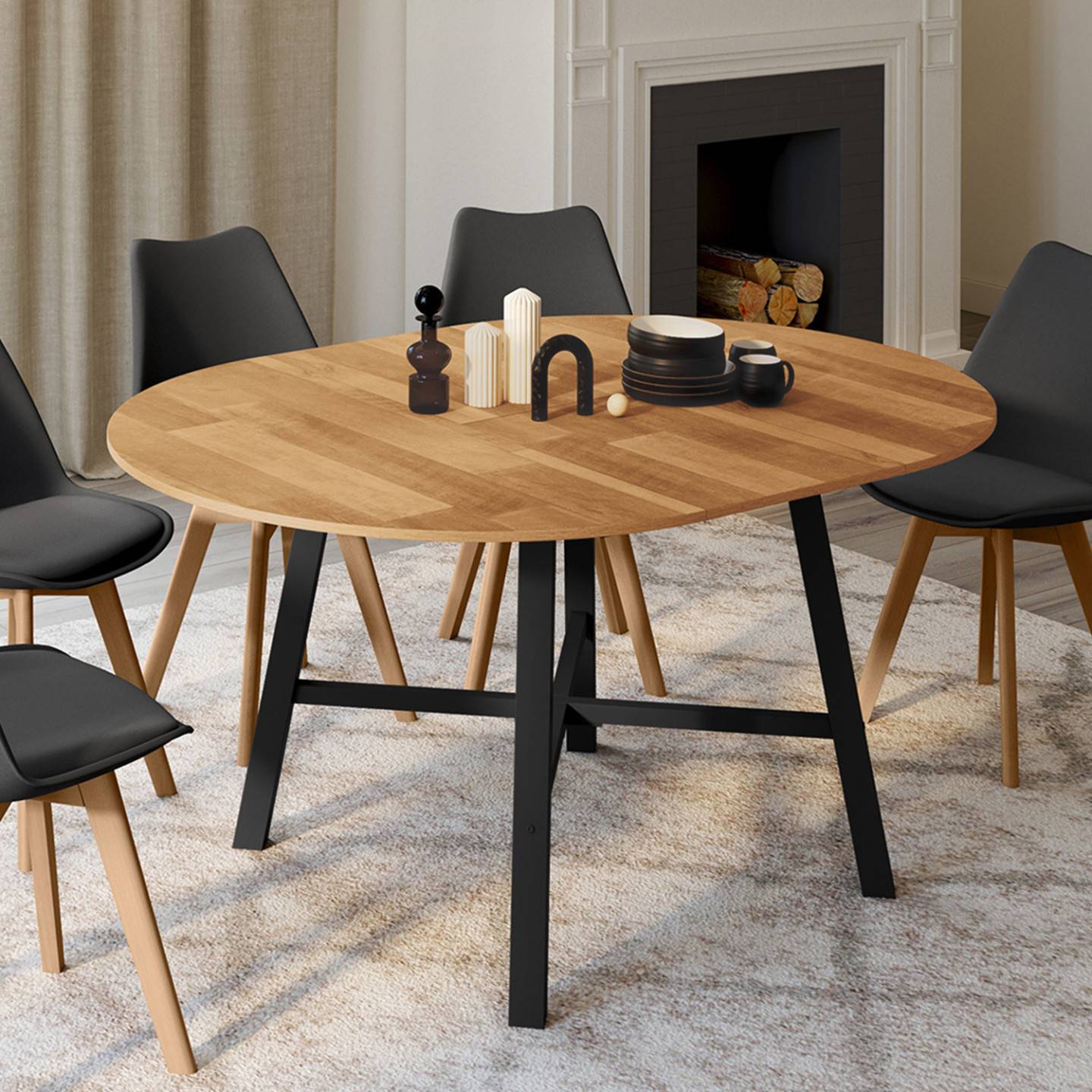 Table à manger extensible ronde MADELEINE 4-6 personnes bois et métal noir 110 - 150 cm - Image 1