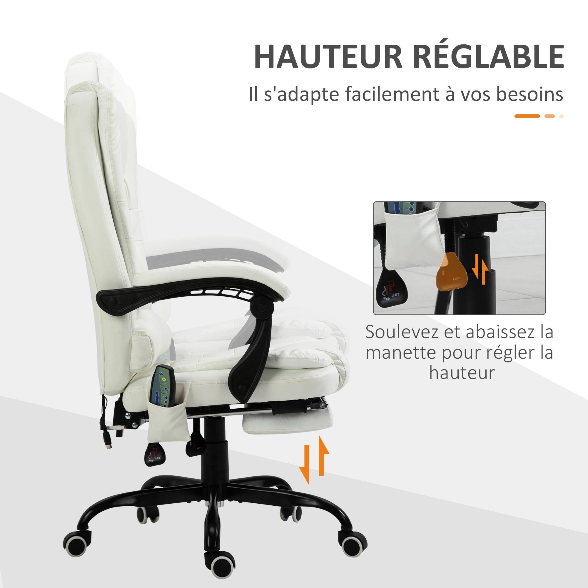 Sans Marque - Fauteuil bureau massant, ergonomique, hauteur régl., dossier inclin., télécommande filaire, repose-pieds rétractable, pivot 360°, blanc. - Image 8