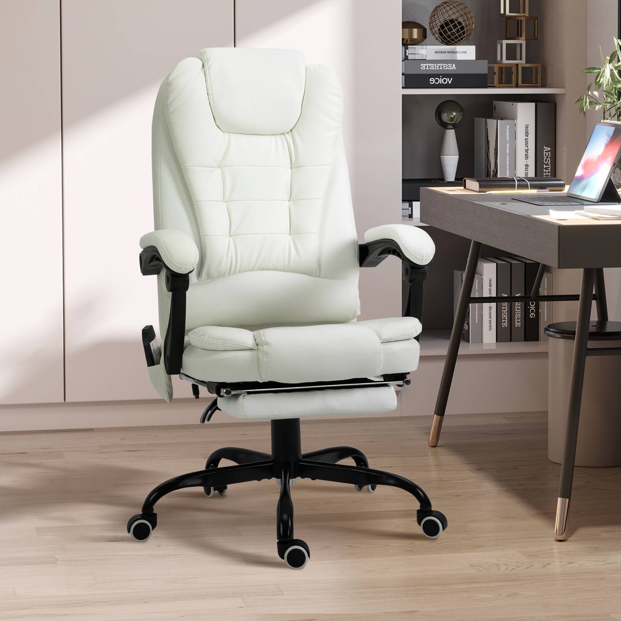 Sans Marque - Fauteuil bureau massant, ergonomique, hauteur régl., dossier inclin., télécommande filaire, repose-pieds rétractable, pivot 360°, blanc. - Image 3