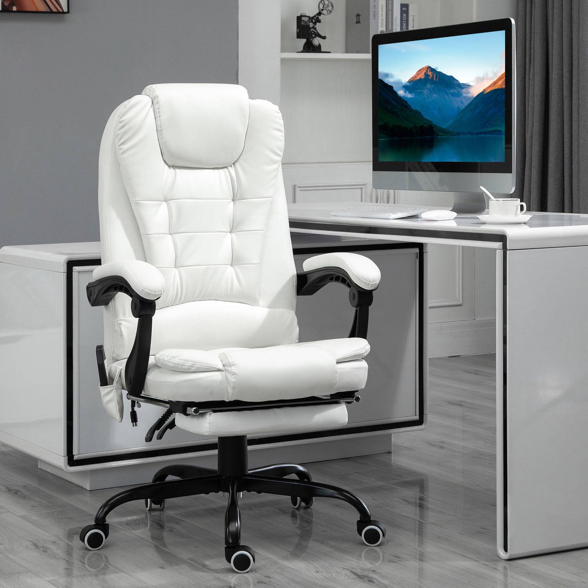 Sans Marque - Fauteuil bureau massant, ergonomique, hauteur régl., dossier inclin., télécommande filaire, repose-pieds rétractable, pivot 360°, blanc. - Image 4