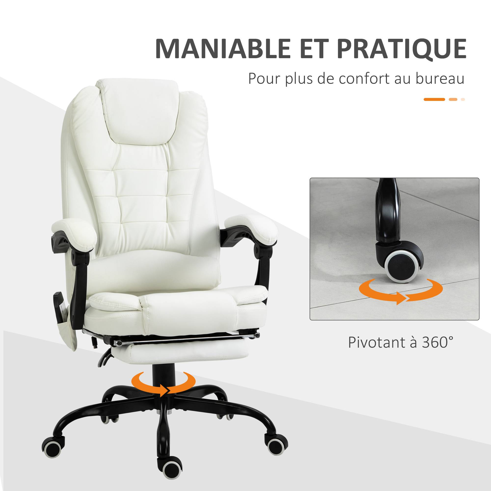 Sans Marque - Fauteuil bureau massant, ergonomique, hauteur régl., dossier inclin., télécommande filaire, repose-pieds rétractable, pivot 360°, blanc. - Image 9