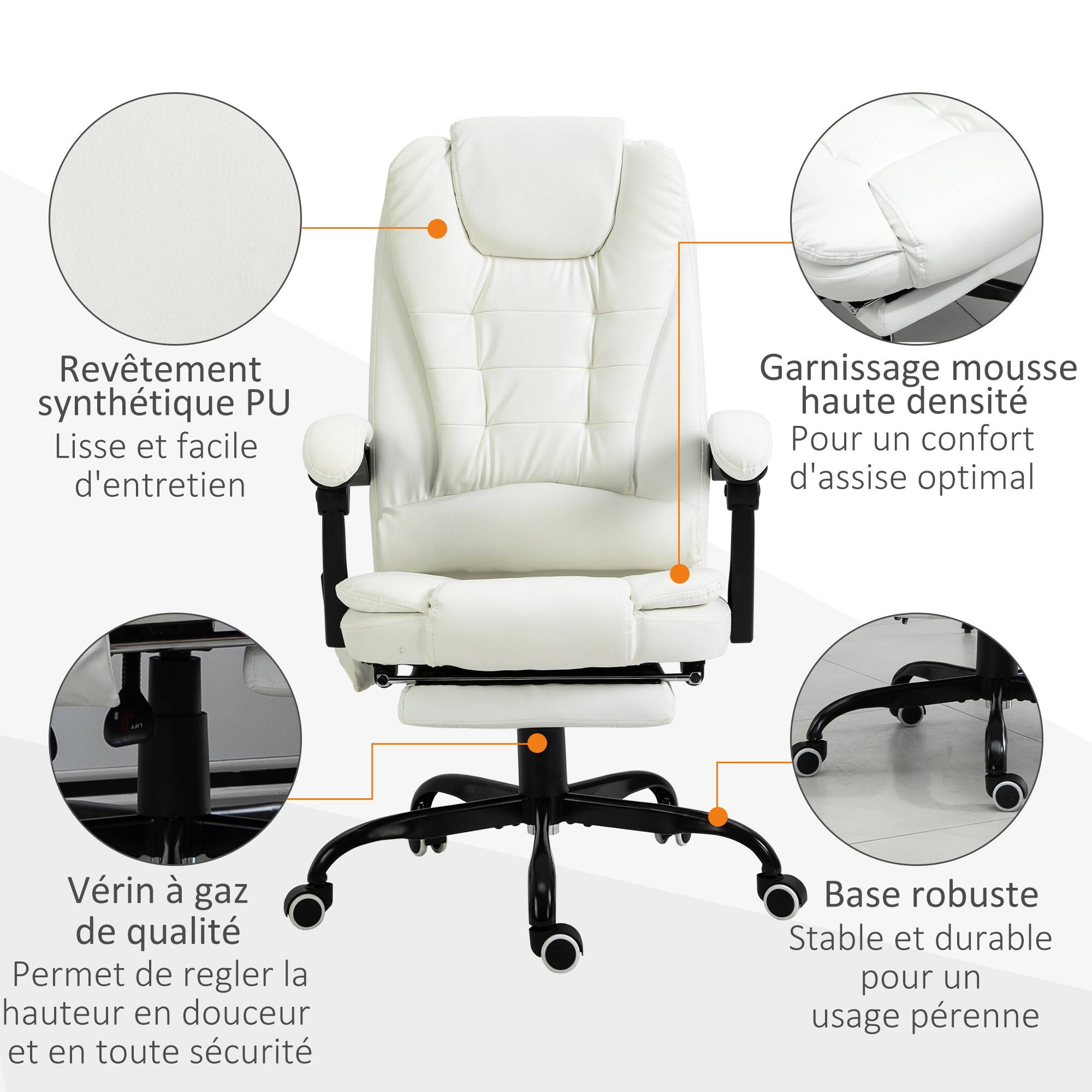 Sans Marque - Fauteuil bureau massant, ergonomique, hauteur régl., dossier inclin., télécommande filaire, repose-pieds rétractable, pivot 360°, blanc. - Image 10