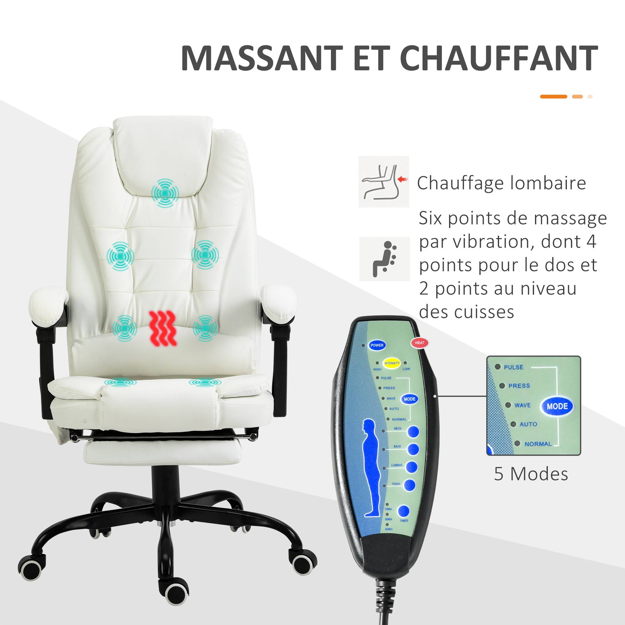 Sans Marque - Fauteuil bureau massant, ergonomique, hauteur régl., dossier inclin., télécommande filaire, repose-pieds rétractable, pivot 360°, blanc. - Image 6