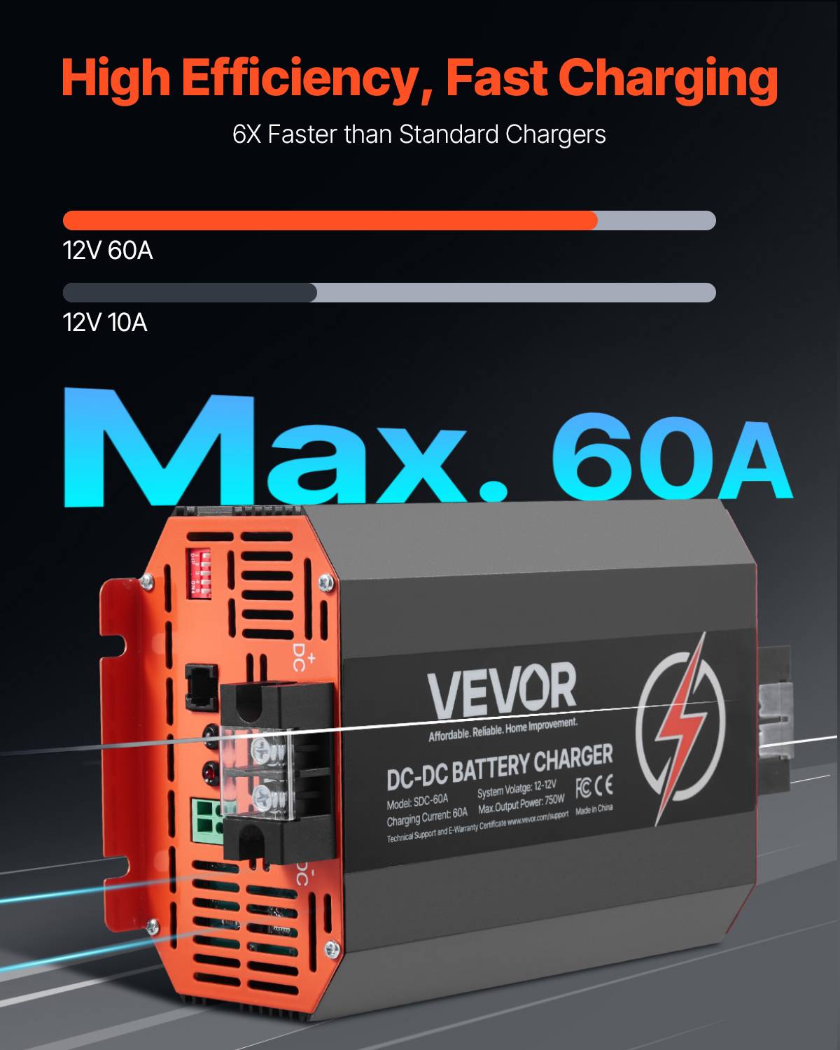 VEVOR Chargeur batterie CC-CC 12 V 60 A, 750 W, plomb, lithium, AGM. - Image 2