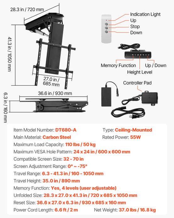 VEVOR Support TV plafond motorisé 32-70'', réglable électriquement, charge 50kg, VESA 600x600mm. - Image 7