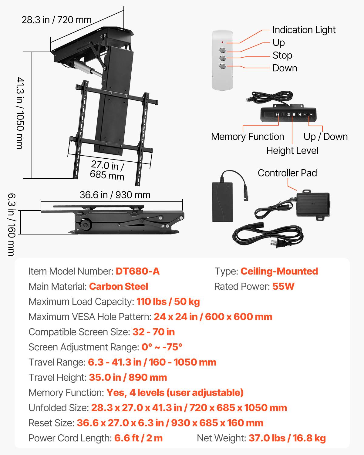 VEVOR Support TV plafond motorisé 32-70'', réglable électriquement, charge 50kg, VESA 600x600mm. - Image 7