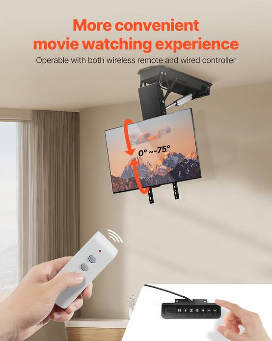 VEVOR Support TV plafond motorisé 32-70'', réglable électriquement, charge 50kg, VESA 600x600mm. - Image 5