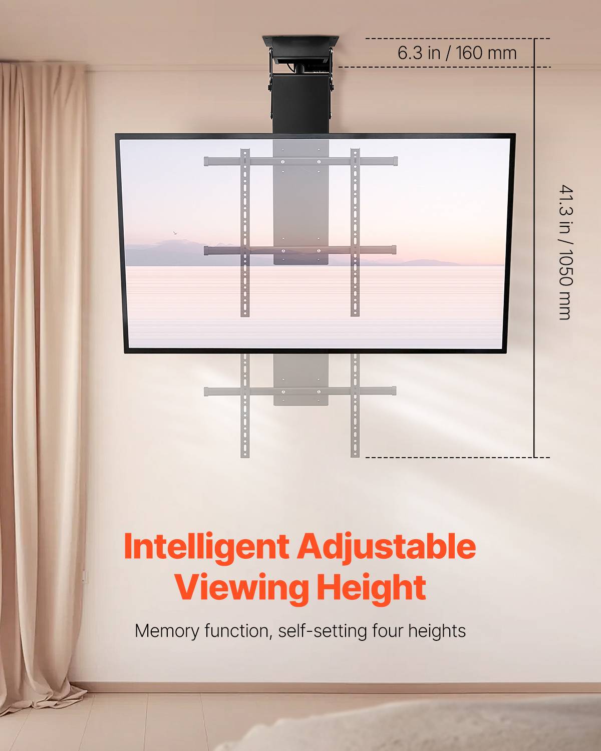 VEVOR Support TV plafond motorisé 32-70'', réglable électriquement, charge 50kg, VESA 600x600mm. - Image 2